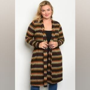 Angie Multicolor Zigzag Cardigan | Boho Open Front Duster Sweater S,  1X